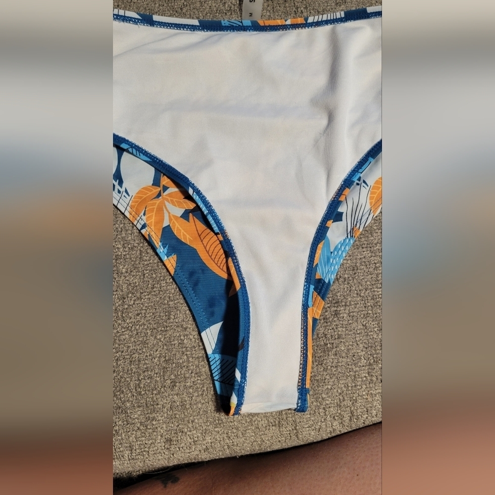White Bikini Top and Blue Floral Bottoms - Picture 3 of 4